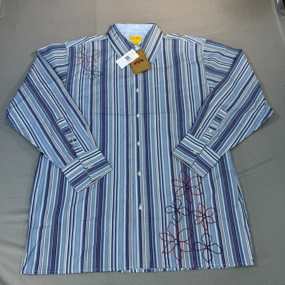 PJ Mark Y2K Shirt Large Men's Blue Striped Floral Embroidered Long Sleeve New‎